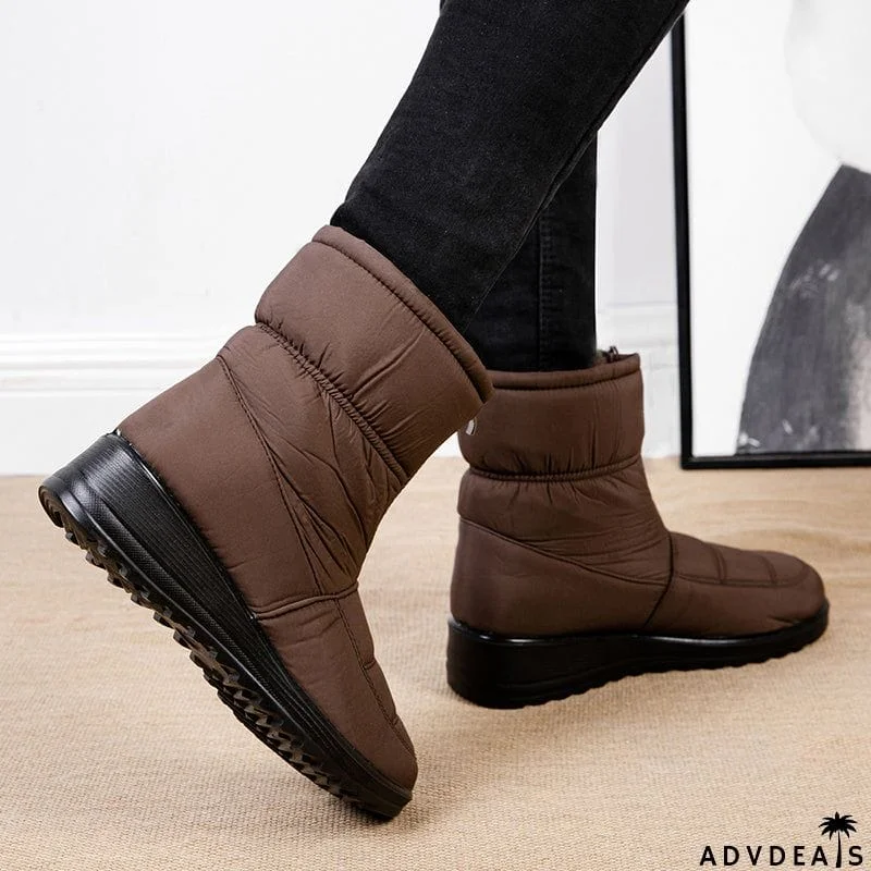 Waterproof Front Zipper Plush Ankle Boots