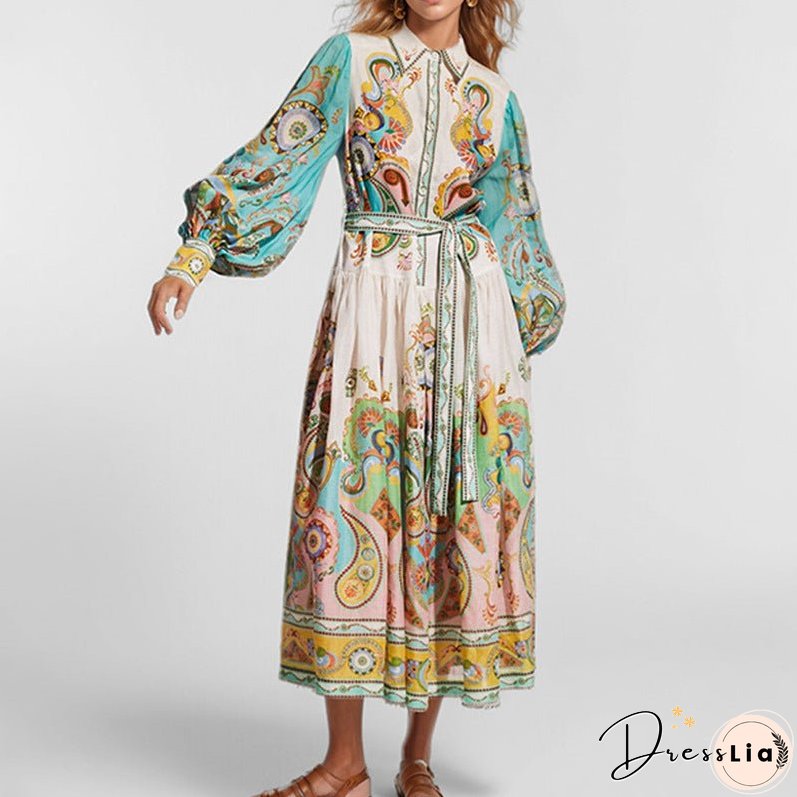 Women's Sleeve Printing Lapel Long Sleeves Large Dresses