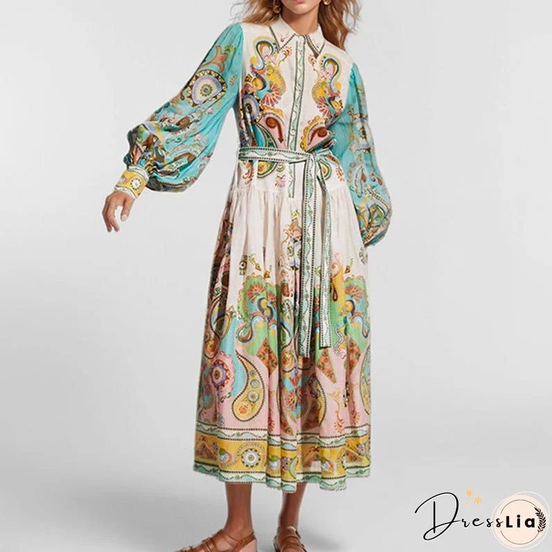 Women's Sleeve Printing Lapel Long Sleeves Large Dresses