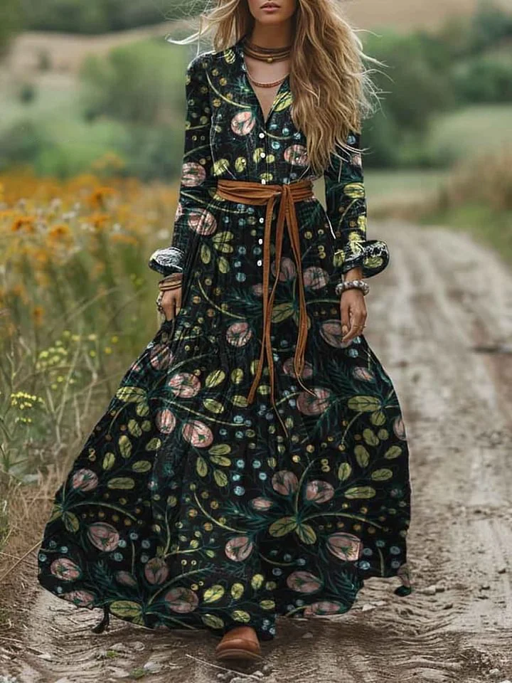 Women's Shirt Collar Tulip Print Long Sleeve Pocket Cotton A-Line Dress