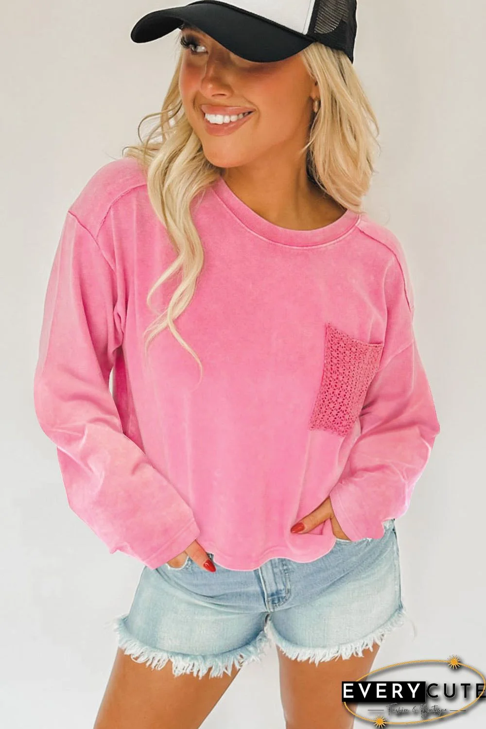 Pink Lace Patch Pocket Long Sleeve T-shirt