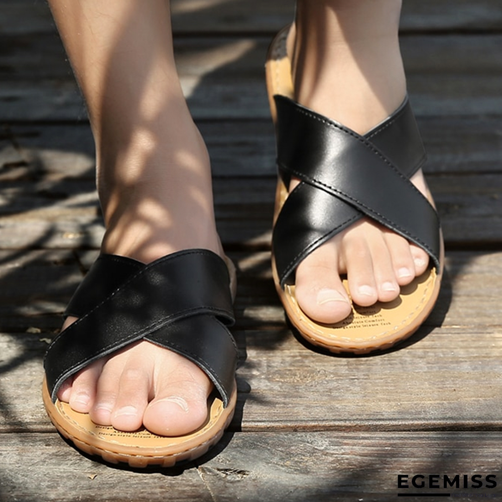 Men Genuine Leather Cross Strap Sandals Beach Water Slides Shoes | EGEMISS