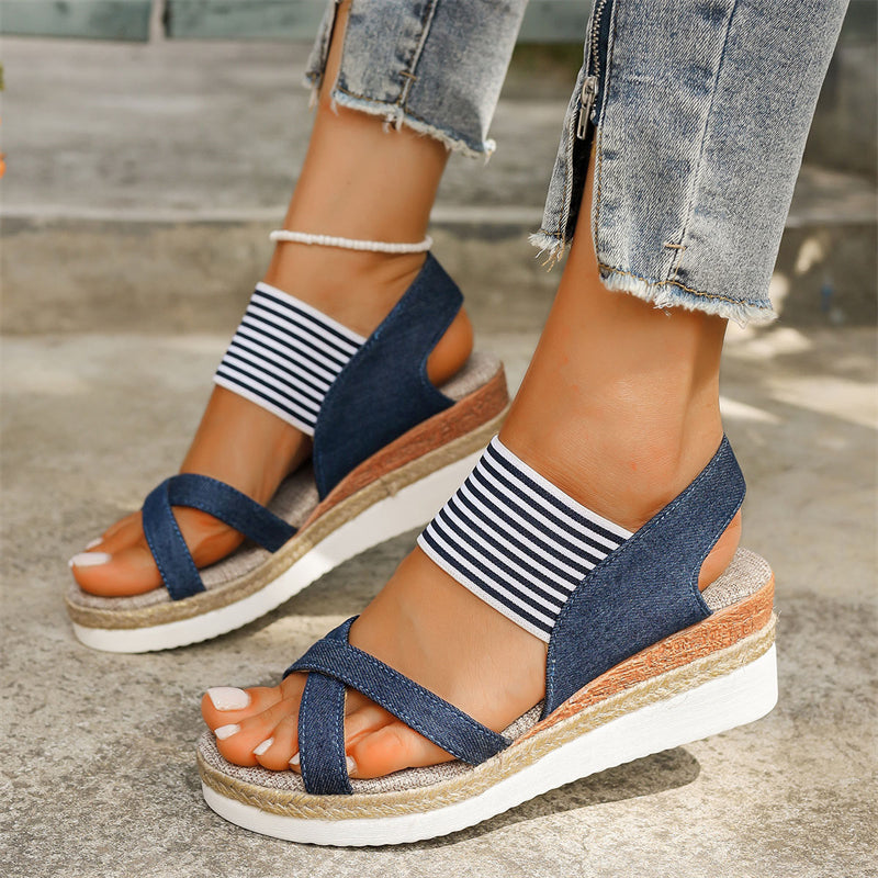  thdmladies Women's Holiday Leisure Cross Strap Wedge Heel Stripe Sandals thedmladies