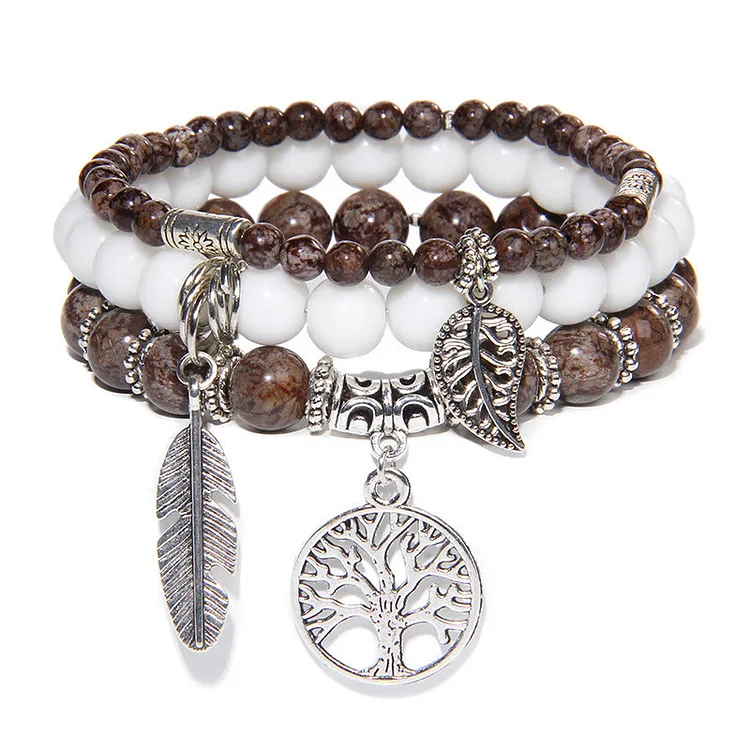 Olivenorma "Nature's Healing Moments" Alabaster Tree Of Life 3 Pieces Bracelet Set 