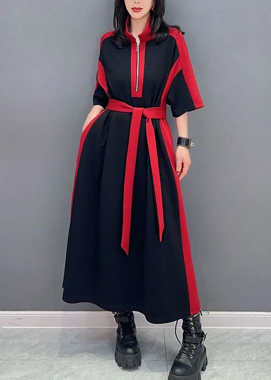 DIY Red Turtleneck Zip Up Tie Waist Patchwork Cotton Dresses Summer