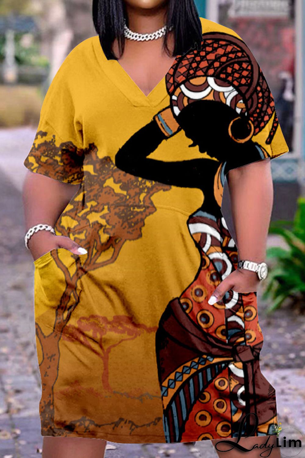 Beige Casual Street Print Patchwork V Neck Straight Dresses