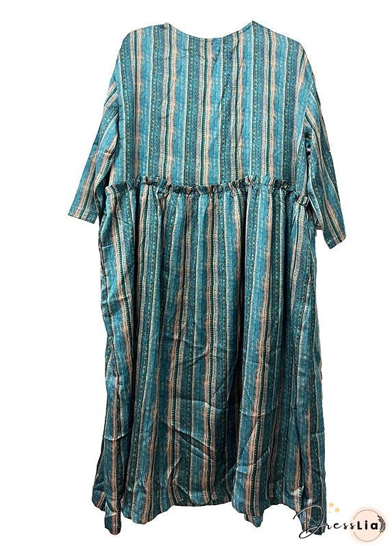 Green O-Neck Ruffled Wrinkled Silk Cotto Maxi Dress Spring