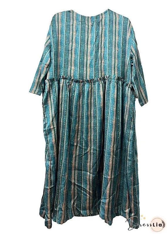 Green O-Neck Ruffled Wrinkled Silk Cotto Maxi Dress Spring