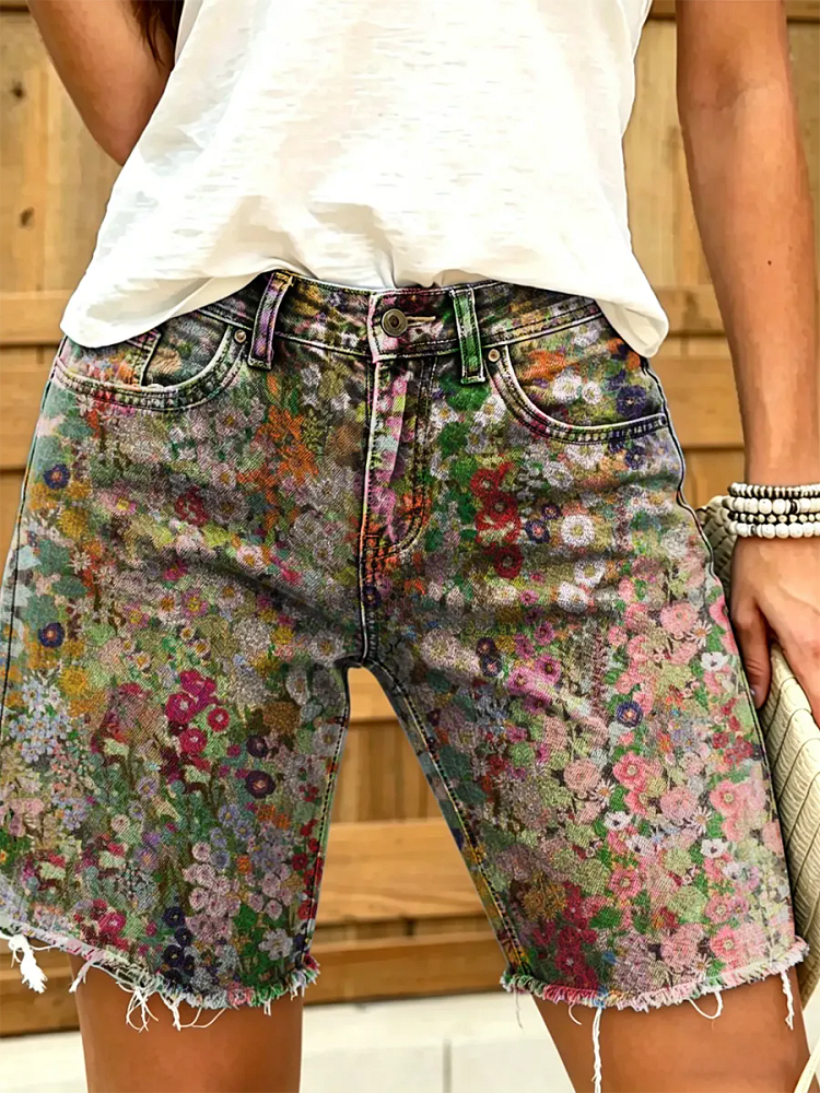 Women's Vintage Floral Print Denim Shorts