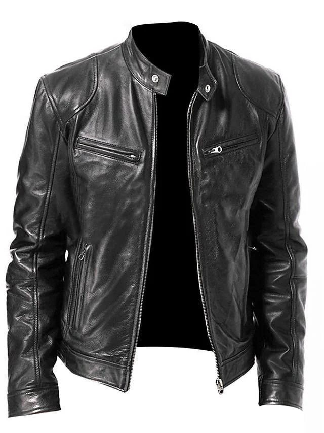 Men's Stand Collar Faux Leather Jacket Regular Solid Colored Daily Basic Spring Long Sleeve Black / Brown Us32 / Uk32 / Eu40 / Us34 / Uk34 / Eu42 / Us36 / Uk36 / Eu44