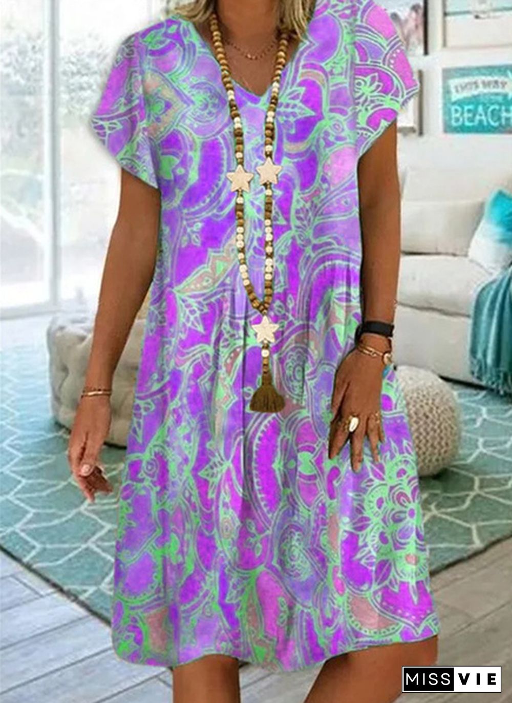 summer new fashion women's vintage printed v-neck short sleeve casual dress loose summer soft and thin plus size dress XS-5XL