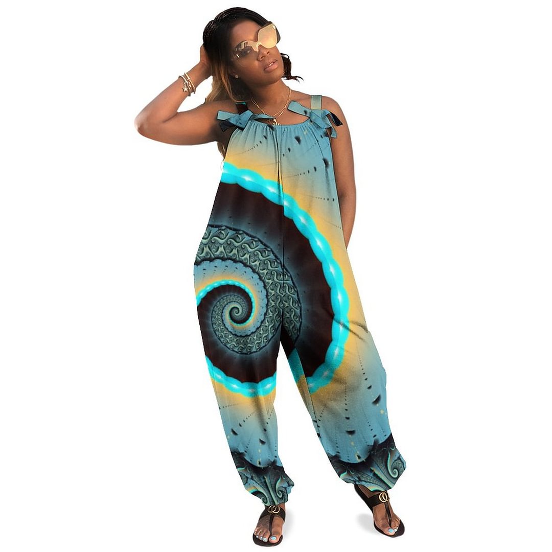 Abstract Blue Turquoise Orange Fractal Art Spiral Boho Vintage Loose Overall Corset Jumpsuit Without Top