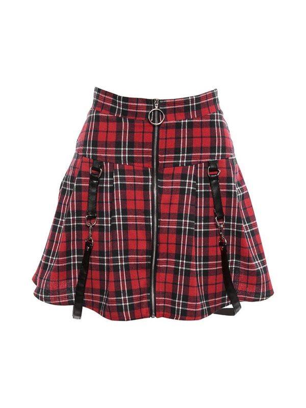 Front Zipper Checkered Belt Design Skirt