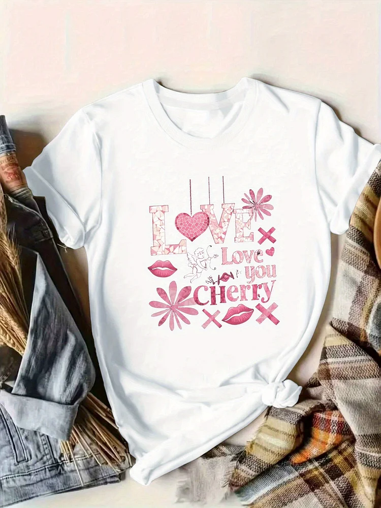 Teediy "Love You Cherry Much" Women's T-Shirt - 100%, Comfort Fit With Short Sleeves, Round Neck - Casual Summer Tee In Blue With Playful Cherry & Heart Graphic