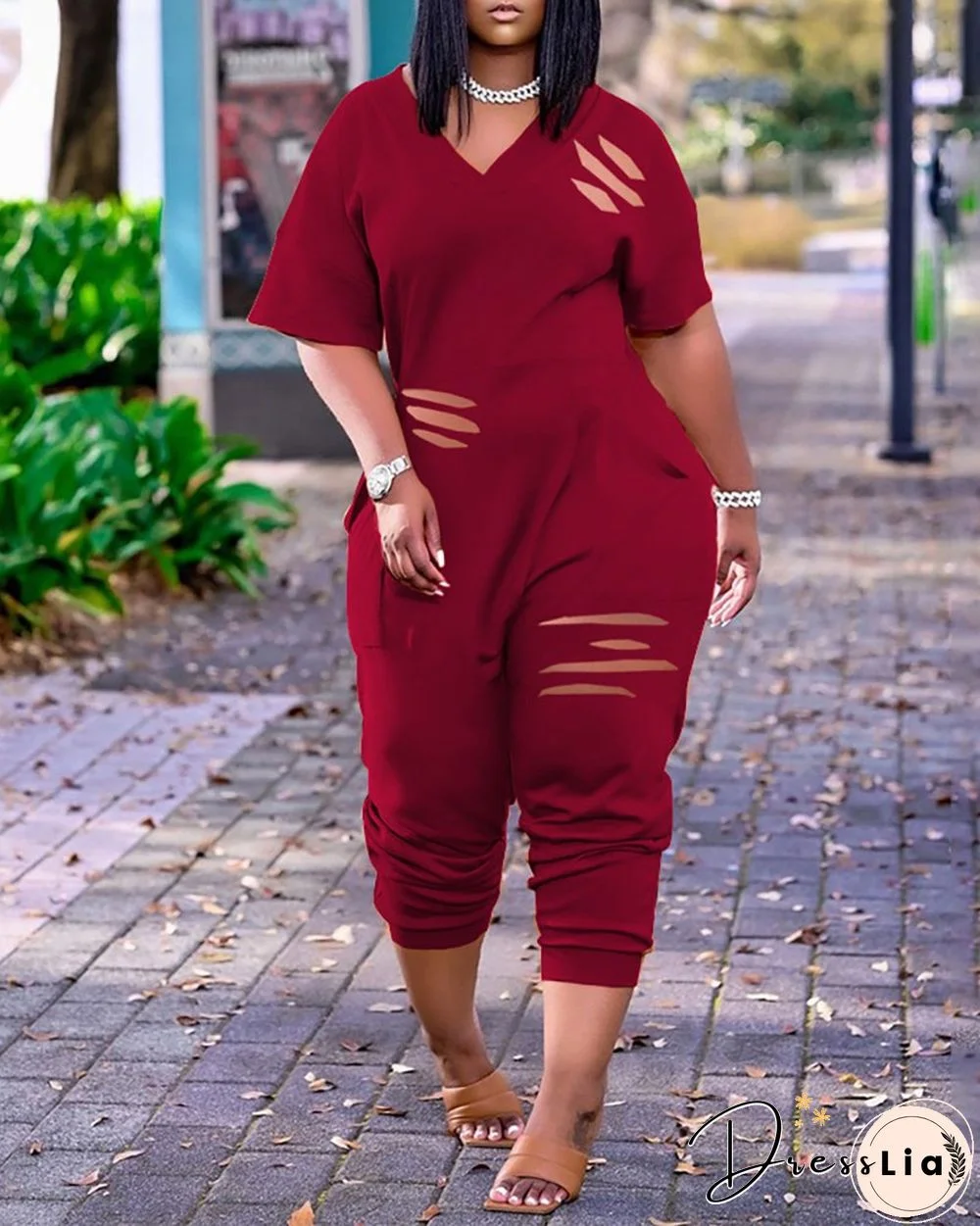 Pocket Design Cutout Short Sleeve Jumpsuit