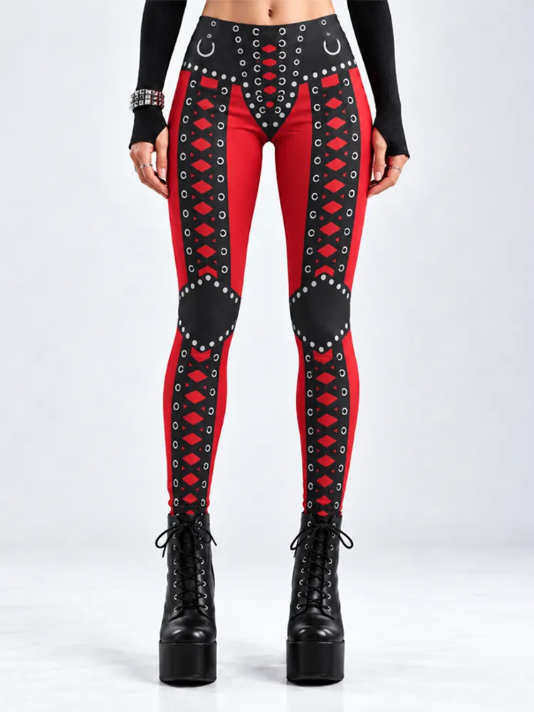 Comstylish Women's Gothic Rave Style Color-block Strappy Cross-print Leggings