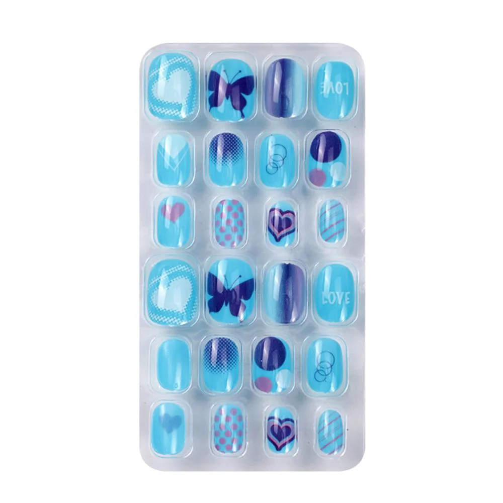 24Pcs/box Kids False Nails Press On Nail Cartoon Full Cover Fake Nails Snowflake Design Manicure Tips Nail Art for Children