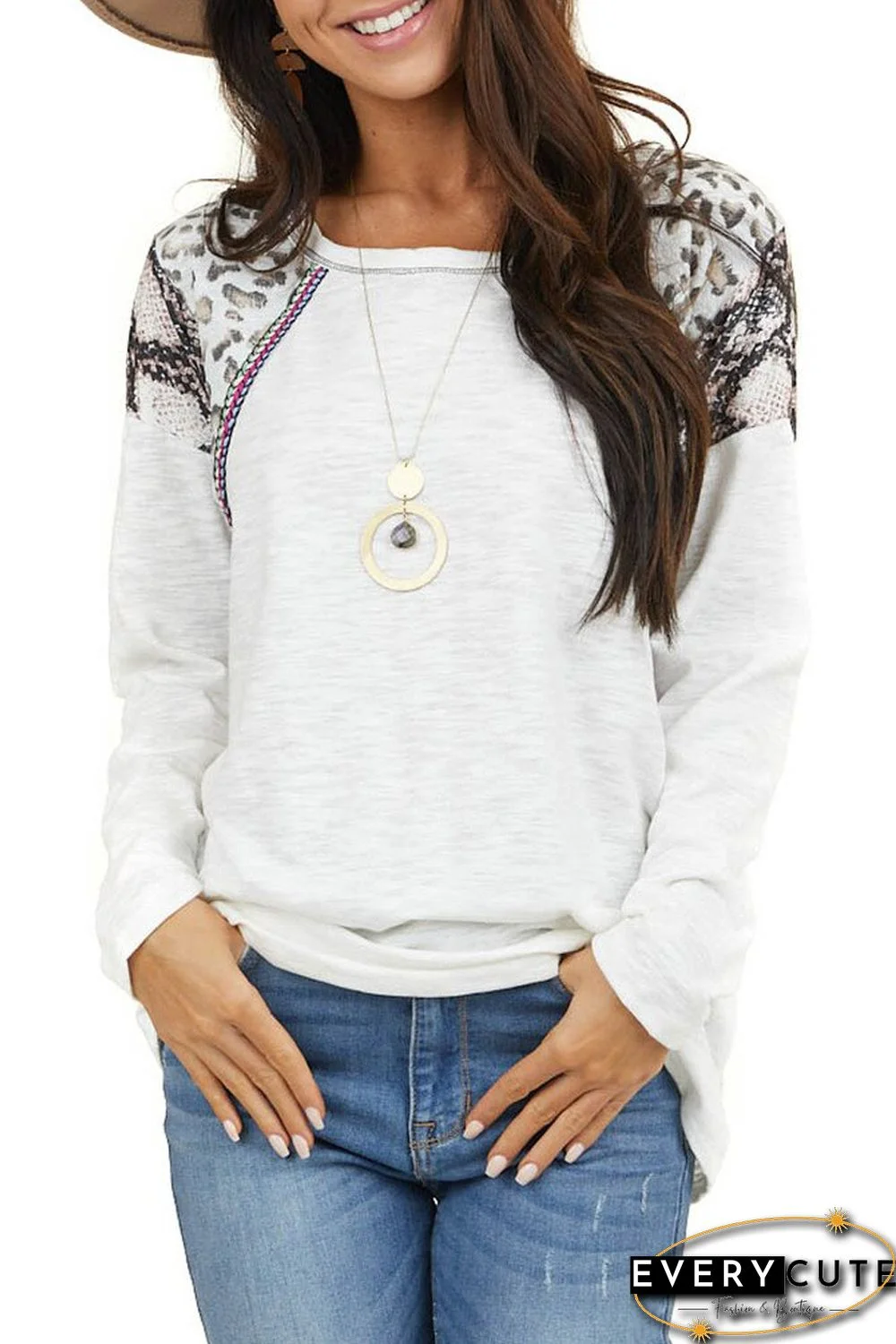 White Long Sleeve Top With Leopard Snakeskin Print