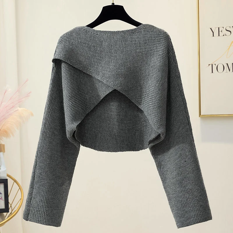 Brownm Winter Women Slash Neck Sweater Pullover Crop Top Female Loose Casual Crossed Sweaters Shirts Femme Knit Jumpers