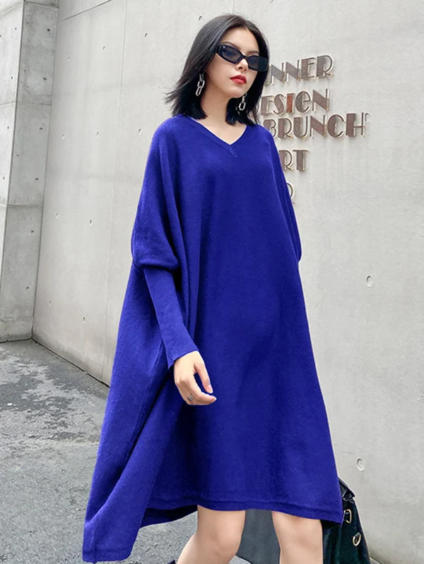 Urban Roomy Batwing Sleeves Pure Color V-Neck Mini Dresses Sweater Dresses