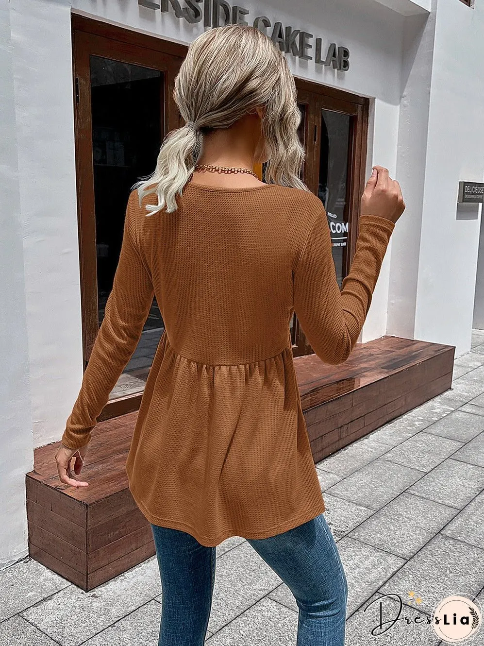 Waffle-Knit V-Neck Long Sleeve Blouse