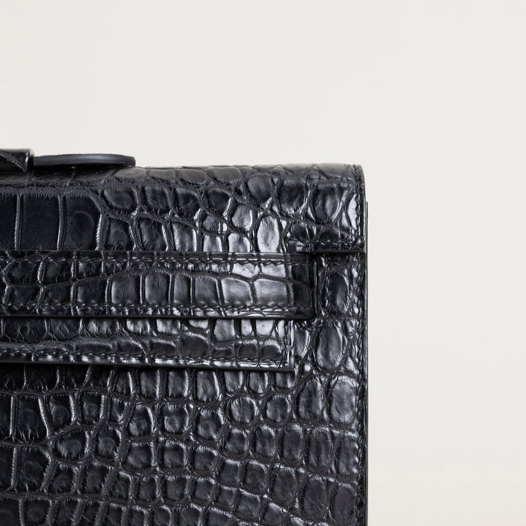 Kelly cut Matte Porosus Crocodile 89 Noir  PHW