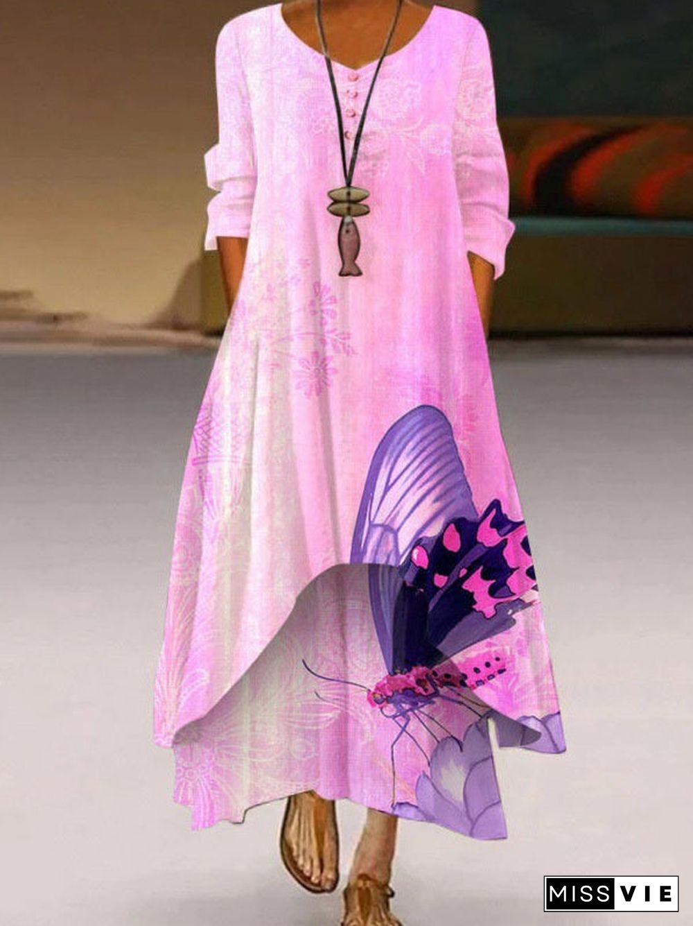 Women Half Sleeve V-neck Floral Printed Maxi Dress