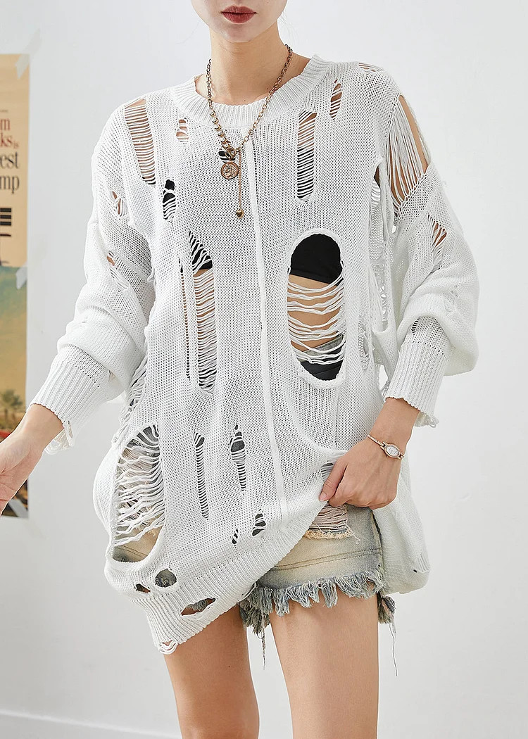 Modern White Hollow Out Knit Ripped Tops Fall