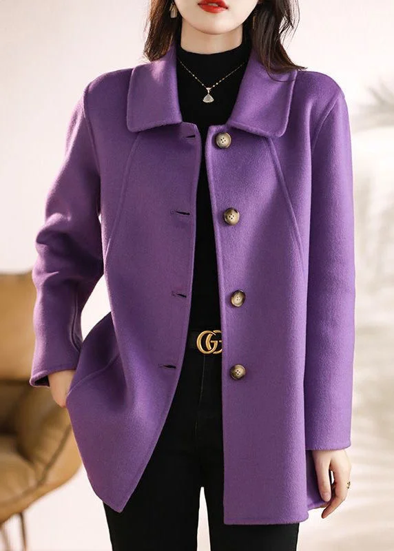 Women Purple Peter Pan Collar Button Woolen Coats Fall