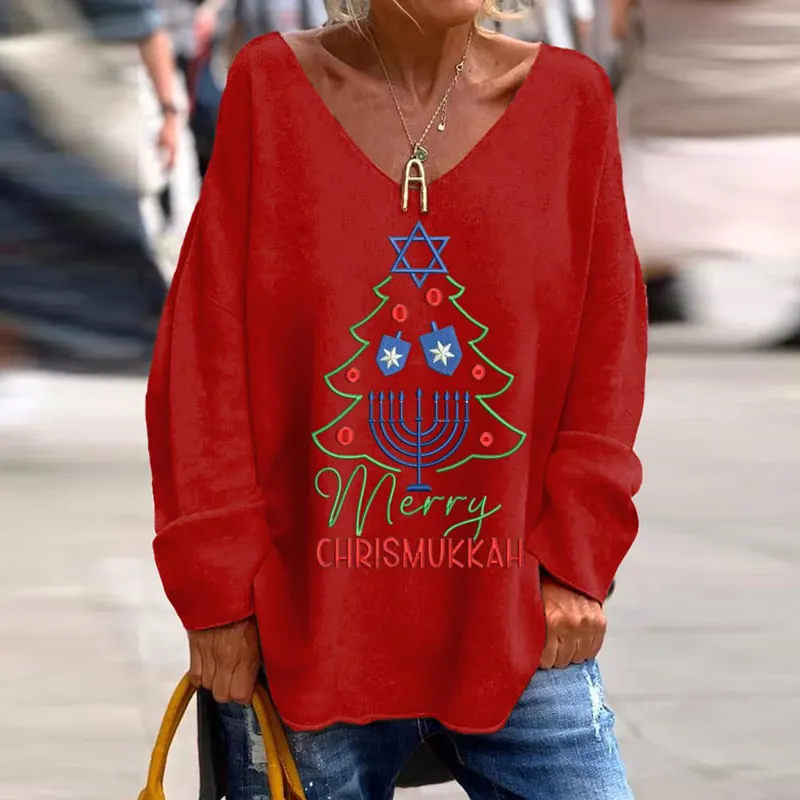 Women's Merry Christmas Hanukkah Print Casual Long Shirt