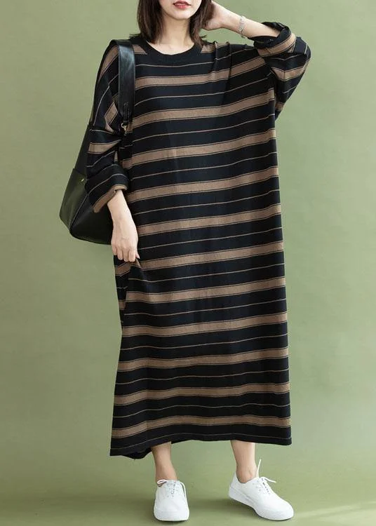 Chic black chocolate striped cotton quilting dresses o neck baggy long fall Dresses