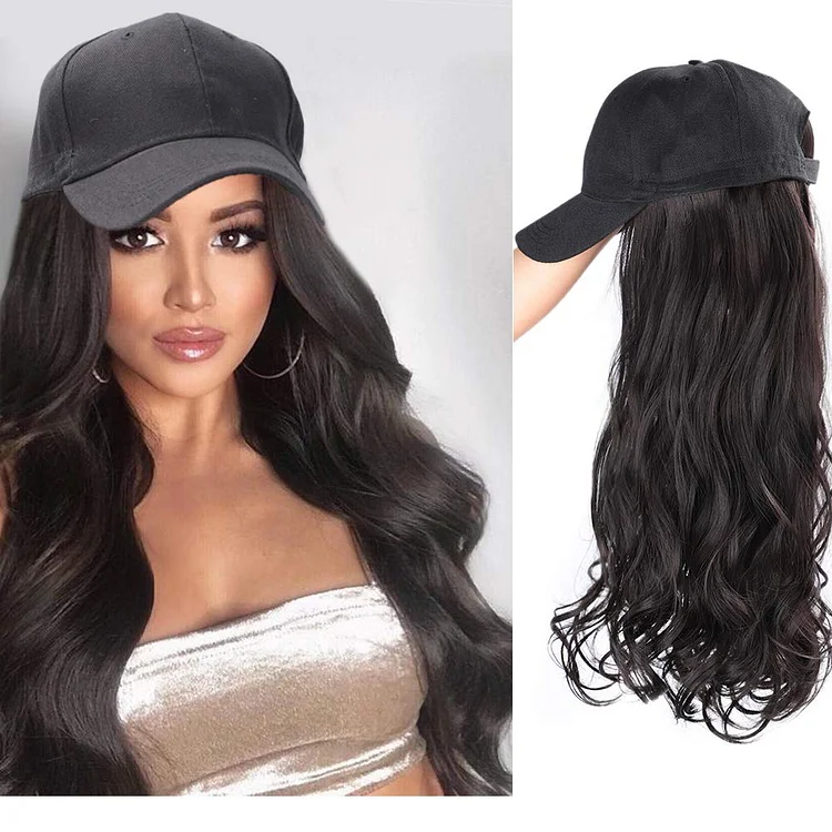 2023 Ins Hot Brown Black Wave Wig With Hat-elleschic