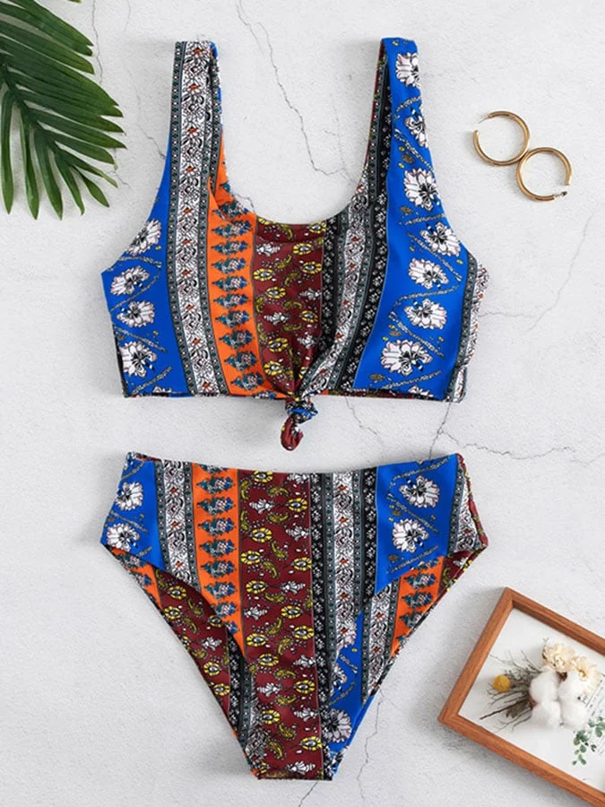 Knitted vintage Bohemian floral split bikini