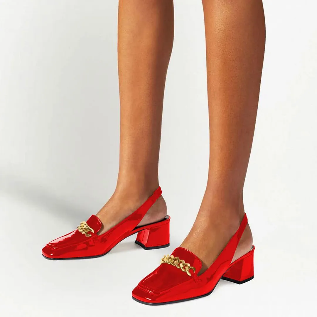 Trendy Red Square Toe Gold Chain Decor Loafer Slingback Pumps