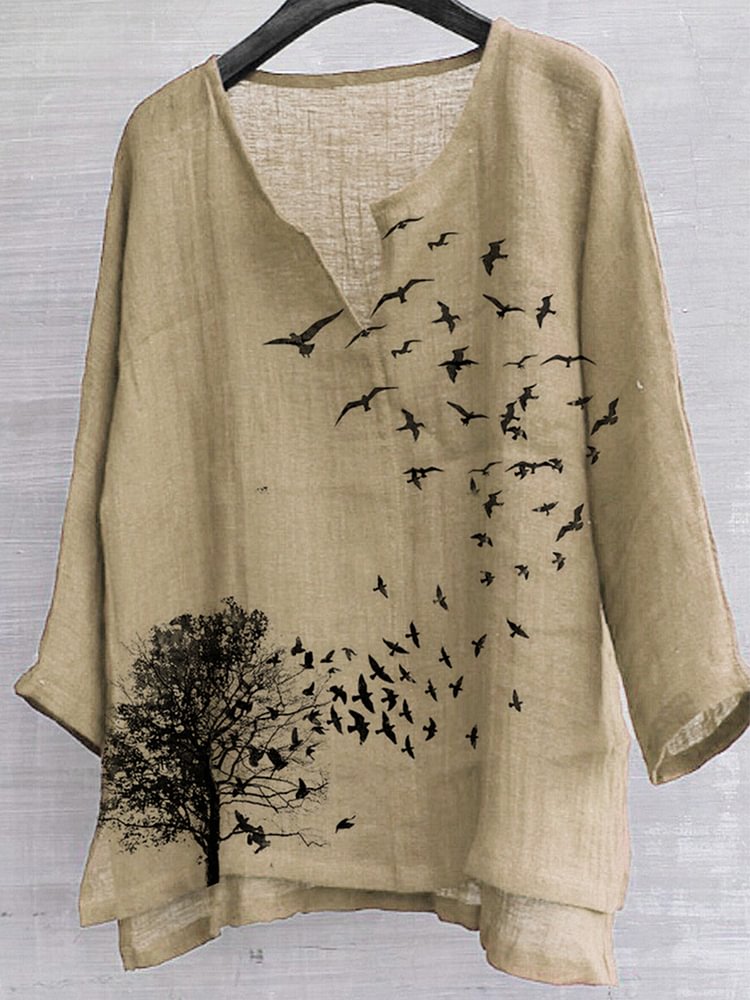 Pre-sale men's flying bird cotton and linen v-neck printed long-sleeved shirt