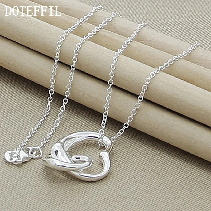 DOTEFFIL 925 Sterling Silver 18 Inch Chain Double Heart Pendant Necklace For Women Jewelry