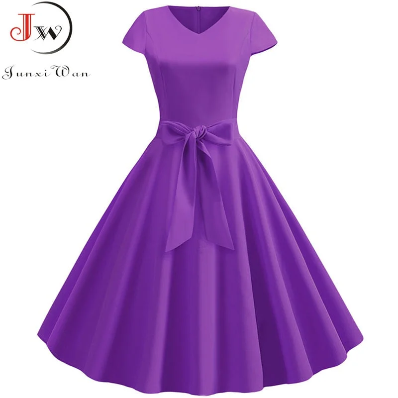 Yellow Solid Color Summer Dress Vintage Women Swing Rockabilly Dresses Robe Femme Elegant  Casual Party Midi Vestidos