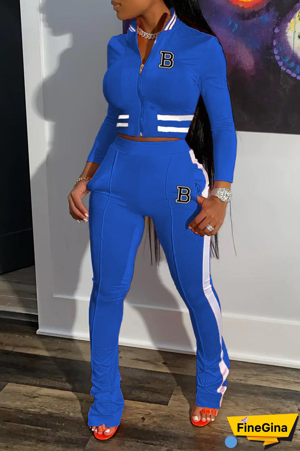 Black Street Print Patchwork Mandarin Collar Long Sleeve Two Pieces