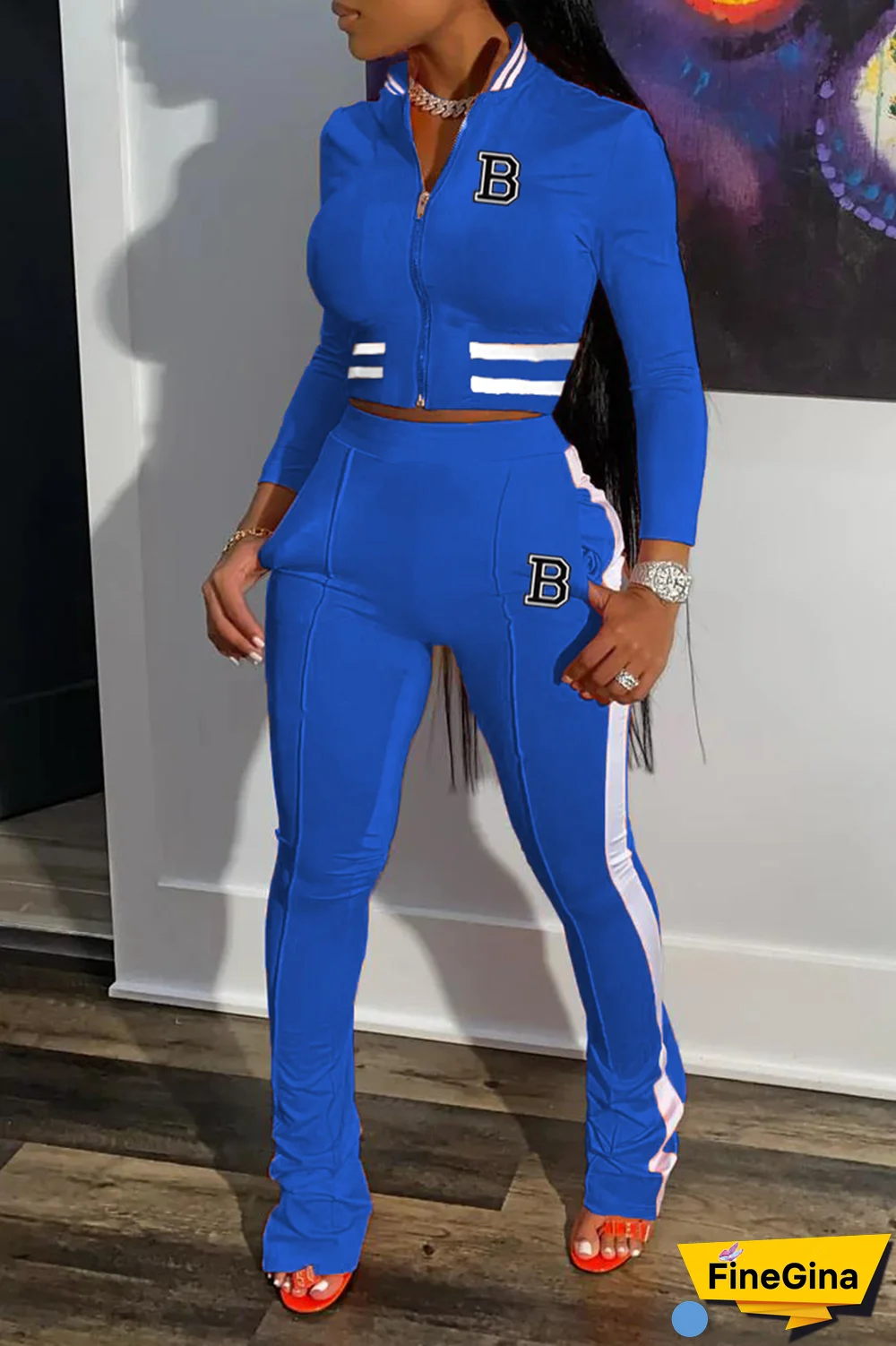 Black Street Print Patchwork Mandarin Collar Long Sleeve Two Pieces