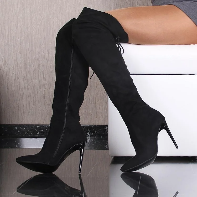 Women's Black Suede Sexy Stiletto Boots Pointy Toe Thigh High Boots |FSJ Shoes