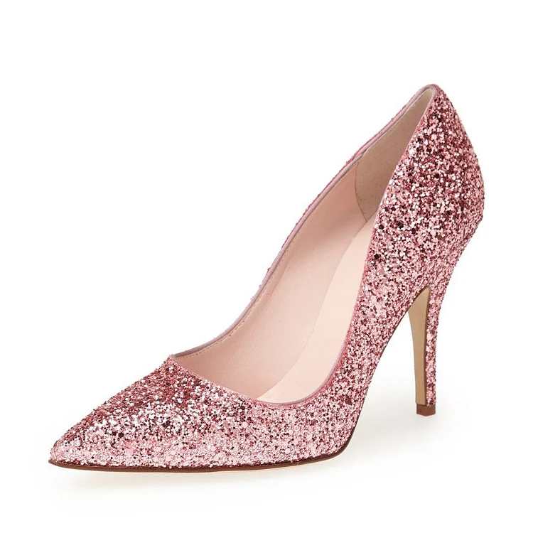 Pink Glitter Shoes Pointy Toe Stiletto Heel Pumps |FSJ Shoes