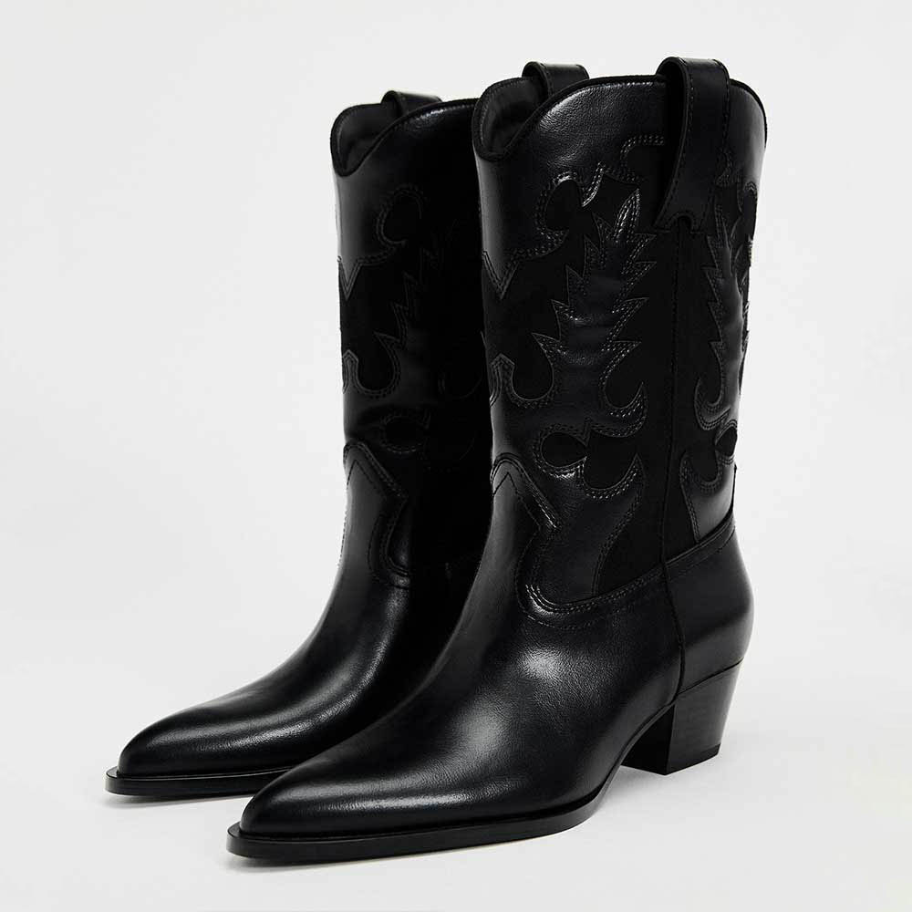 Black Pointed Toe Chunky Heel Patchwork Detail Mid-Calf Cowgirl Boots Nicepairs