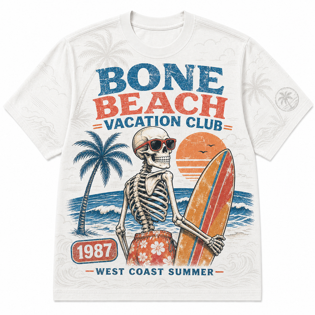 Surf Bone Beach Vacation Cotton T-Shirt - Cream / Orange / Blue