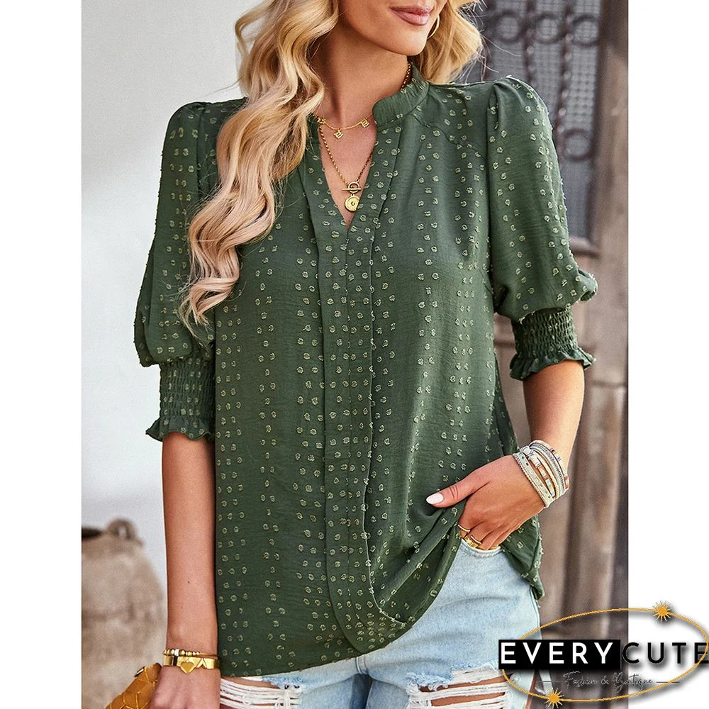 Green V Neck Jacquard Half Sleeve Blouse