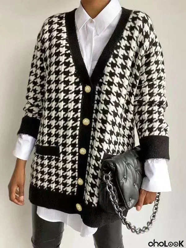 Urban Long Sleeves Checkered V-Neck Cardigan Tops