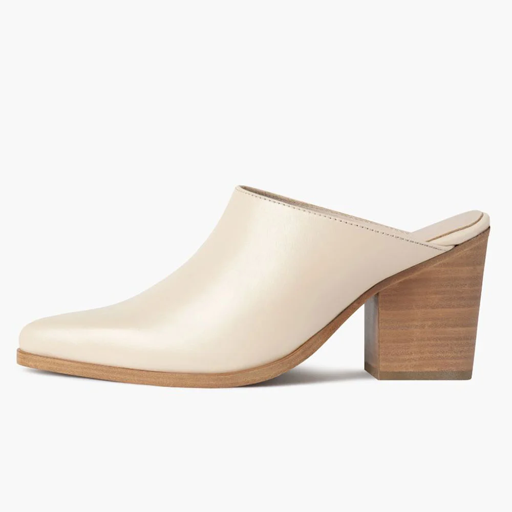 Beige Vegan Leather Slip-On Pointed Toe Chunky Heel Mules for Women