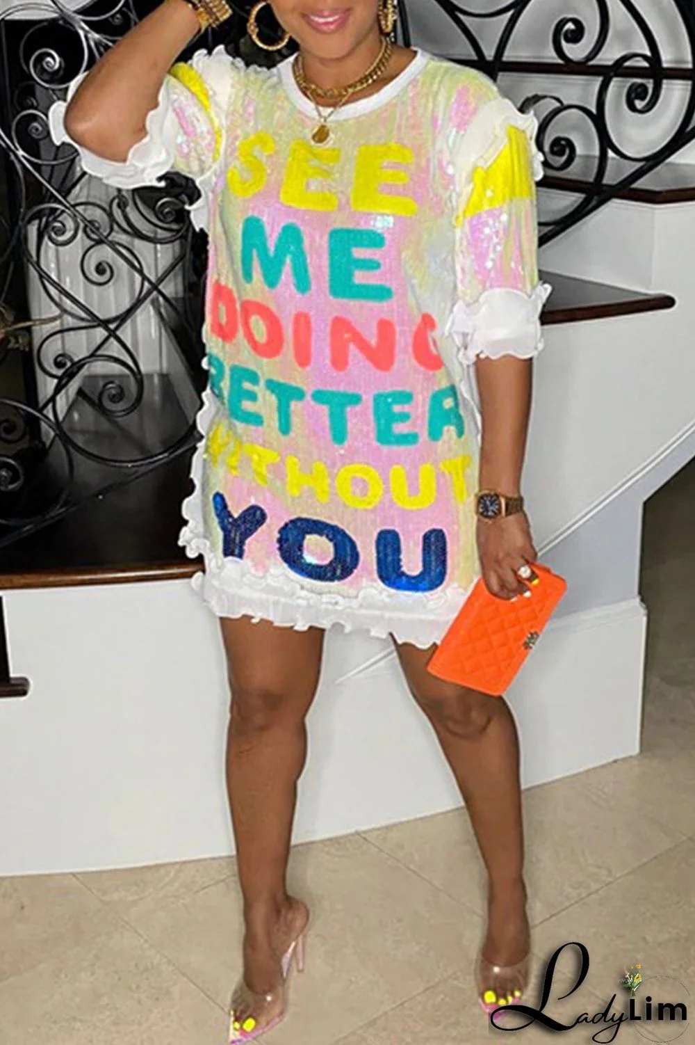 Black Fashion Casual Letter Print Sequins Patchwork O Neck Dresses