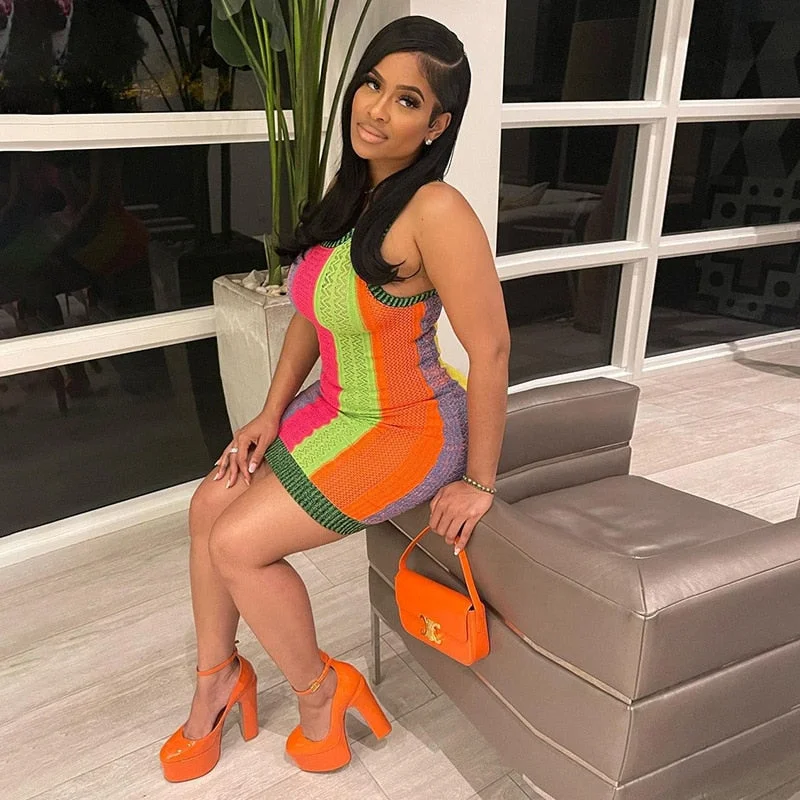 BIIKPIIK Color Match Patchwork Knitting Dress Women Mini Streetwear Party Clothing O Neck Sleeveless Summer 2022 Vintage Dresses
