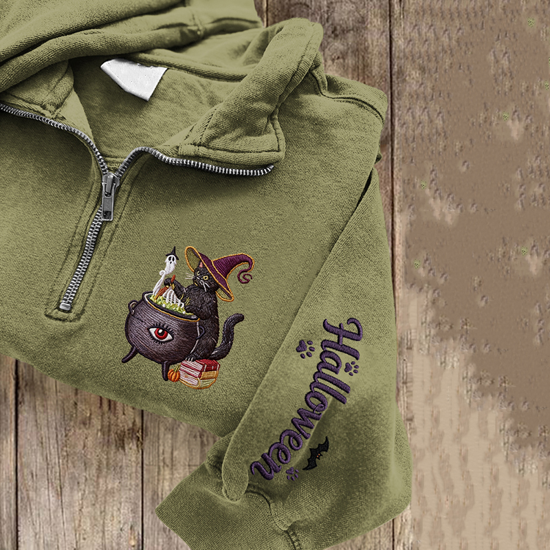 Women's Halloween Cat Embroidered Zip Long Sleeve Sweatshirt