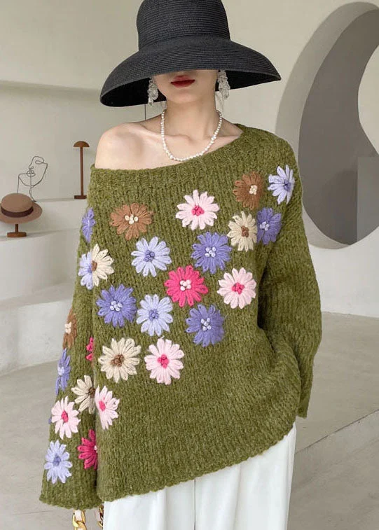 Beautiful Green Embroideried Floral Knit sweaters Winter